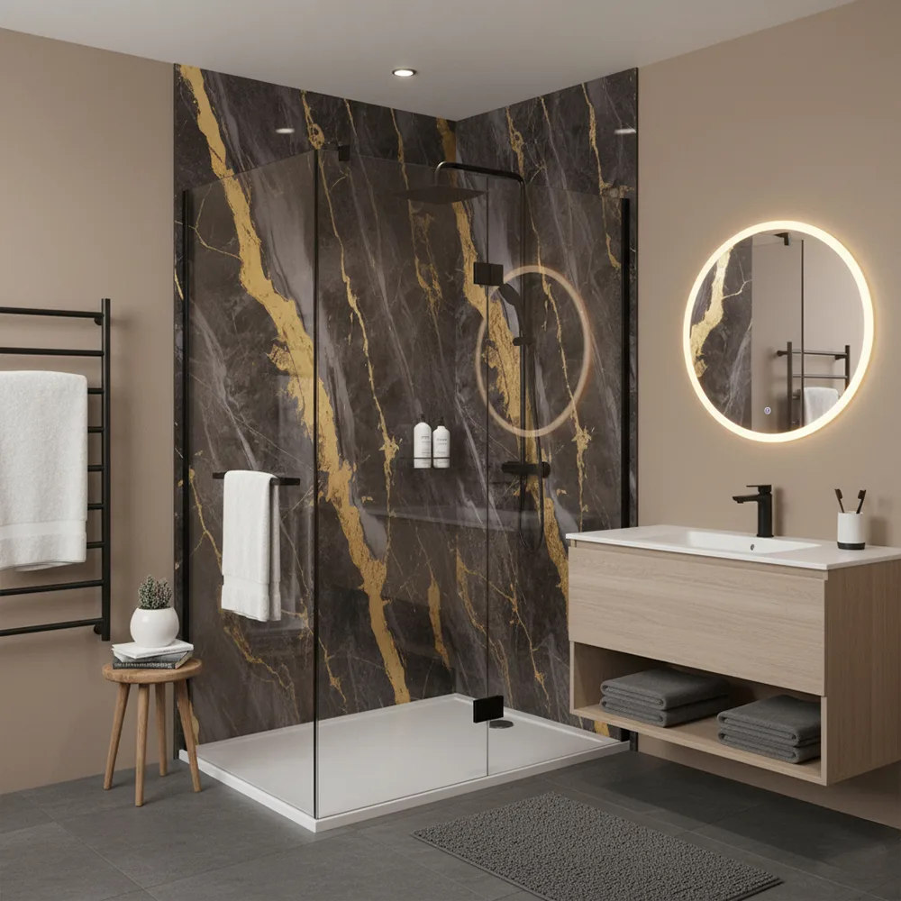 Marmer plaat - Anthracite Gold - Waterbestendig wandpaneel PVC - 280x122cm - Afbeelding 4