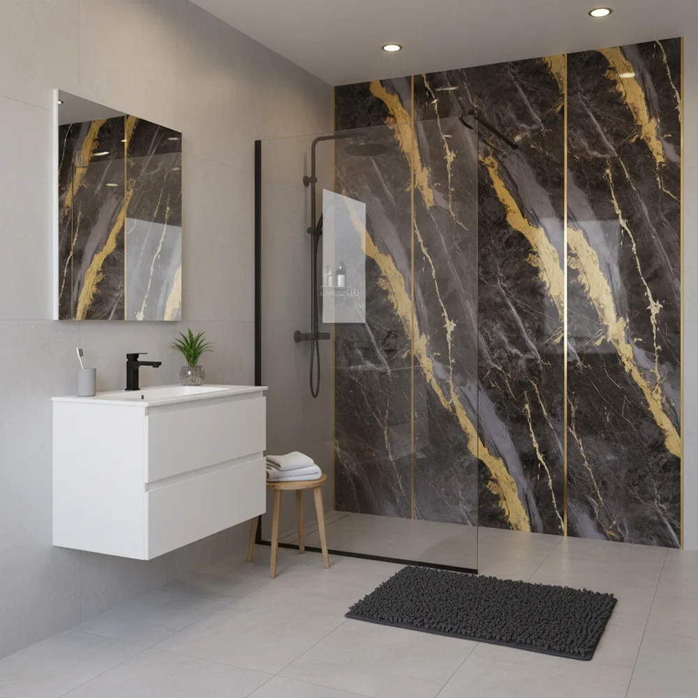 Marmer plaat - Anthracite Gold - Waterbestendig wandpaneel PVC - 280x122cm - Afbeelding 3