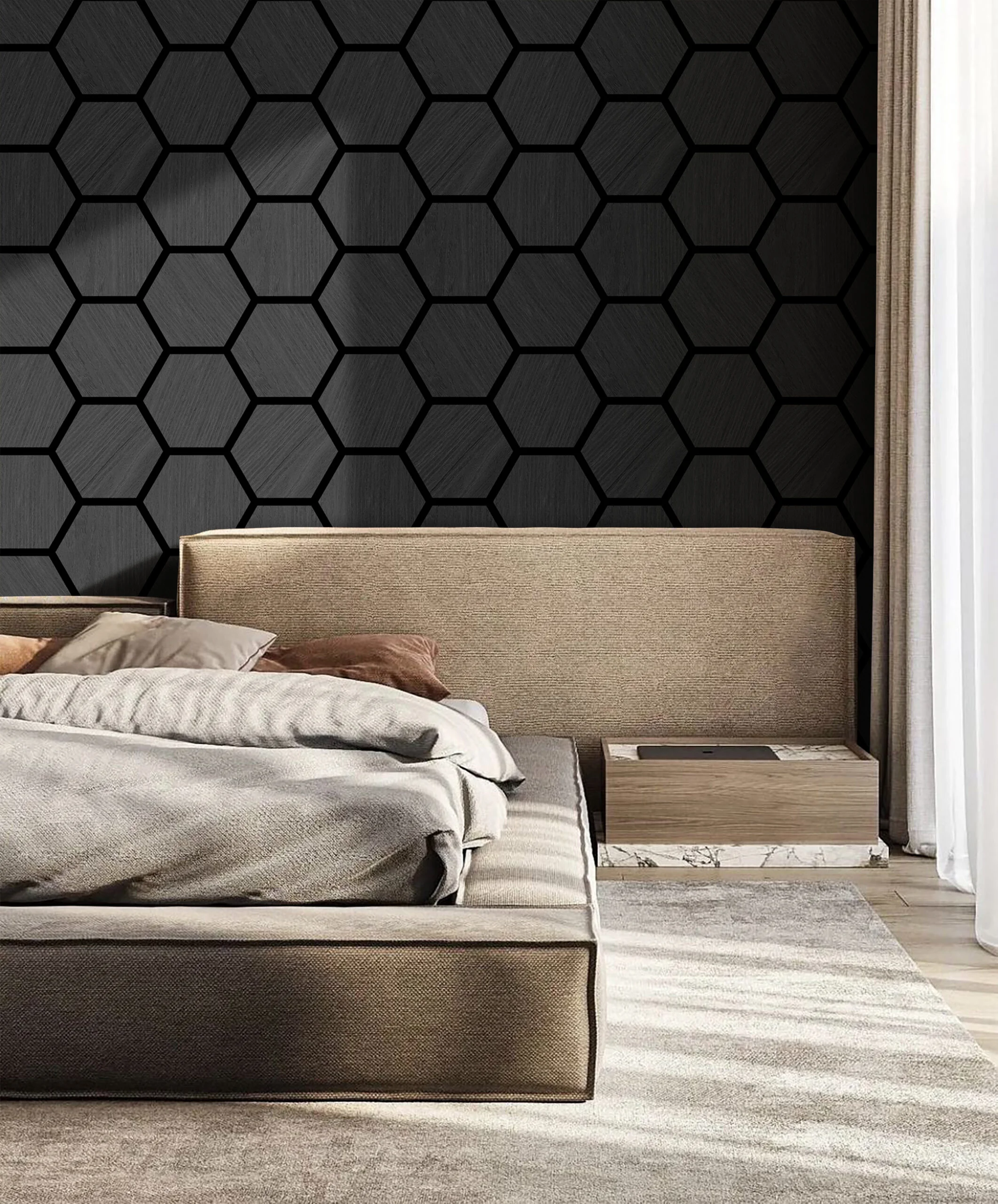 Akoestisch hexagon paneel - Zwart eiken - 76x62x2cm - Afbeelding 2