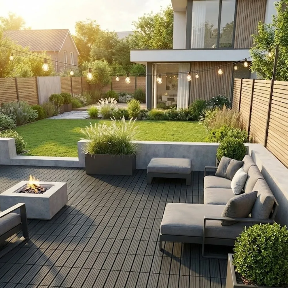 Composiet vlondertegels zwart in een nette gezellige tuin aangelegd met lichtjes, een kampvuur en planten